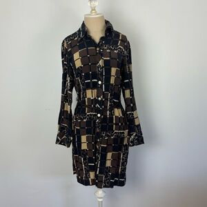 Trina Turk Button Up Dress Brown Geometric Belt 100% Silk S